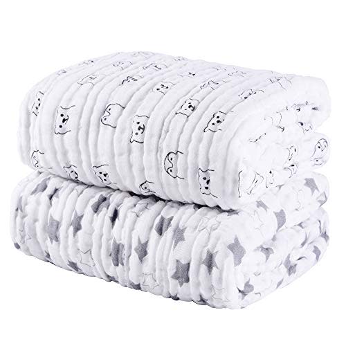 AKK BABY Baby Muslin Bath Towels, Super Soft Cotton Receiving Blanket for Baby's Delicate Skin, 2 Pack 37X37 Inches White, Upgrade 6 Layers Thick Cotton Baby Bath Towel for Newborns Boy Girl