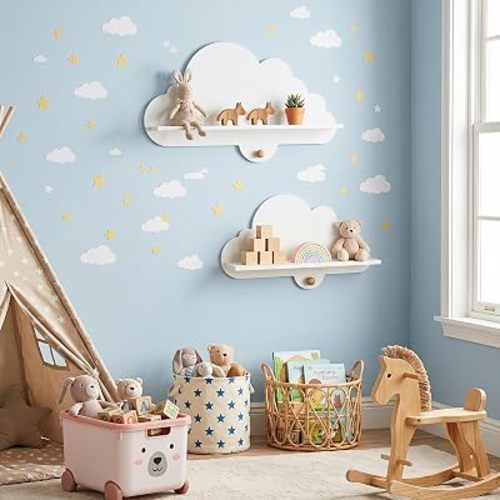 Costzon 2 Pieces Cloud Shelves, Wall Mounted Kids Bookshelf w/Hanging Hooks, Space Saving Floating Shelves for Kid's Room, Nursery, Playroom & Bedroom (Cloud)