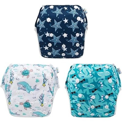 Babygoal Baby Boy and Girl Swim Diapers, Reusable Adjustable Washable One Size Fits 0-8M Baby Gifts and Swimming Lessons 3 Pack 3SD07