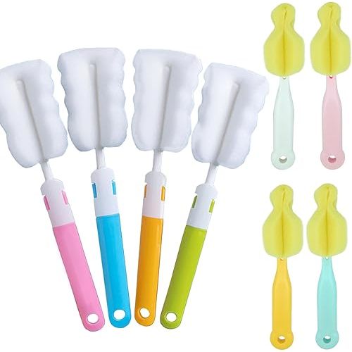 INVODA Cleaning Brush Set, 8PCS Portable Bottle & Nipple Brushes Sponge Material, Soft & Fluffy Texture, Comfortable Grip, Hanging Holes, BPA Free, Ideal for Baby Bottles & Cups