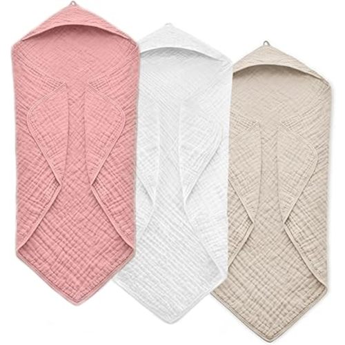 Hooded Baby Towels for Newborn, 35x35 Inch 3 Pack 100% Muslin Cotton Baby Bath Towel, Soft Baby Beach Towels with Hood for Infants, Toddlers and Kids, Essentials Must Haves