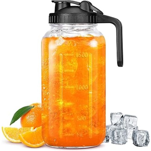 Mason Jar Pitcher with Pour Spout Handle Lid, 2 Quart(64OZ) Thick Glass Pitcher with Lid, Leak-proof Glass Pitcher Wide Mouth for Brew Coffee, Ice Beverage, Juice, Lemonade, Sun Tea