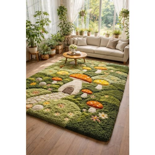 Hand Tufted Mushroom Forest Rug, Nature Inspired 3D Textured Area Rug, Cottagecore Floral Carpet,