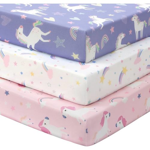Baby Mini Crib Sheets Girl, Portable 38”x26” Pack and Play Sheets Fitted for Playard and Pack N Play Mattress, 3-Pack Soft Microfiber Pink Purple Rainbow