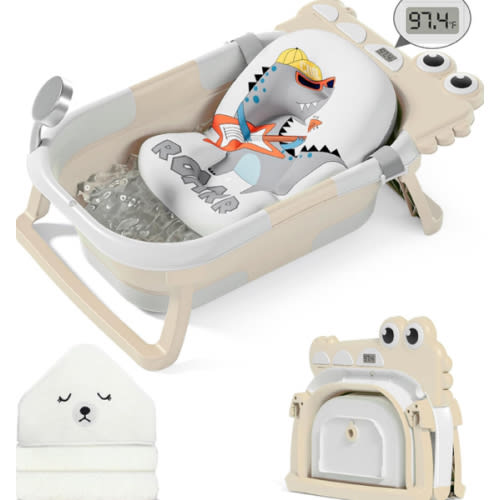 Collapsible Baby Bathtub with Thermometer & 1 Hooded Towel & 1 Soft Floating Cushion, Portable Travel Bathtub with Drain Hole