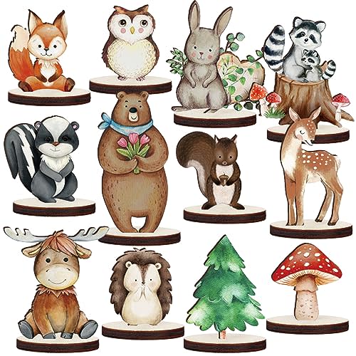 Geetery 12 Pcs Woodland Animals Wooden Animal Cutout Shapes Forest Painted Woodland Baby Shower Decorations Wild Creatures Wood Table Centerpieces for Forest Camp Party Supplies (Cute)