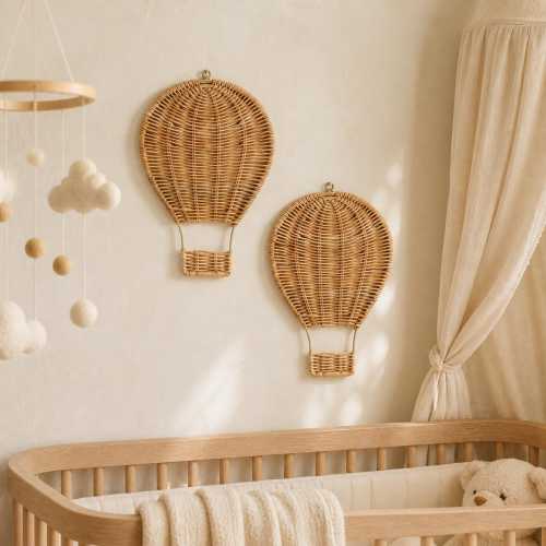 Woven Rattan Hot Air Balloon Wall Decor, Boho Nursery Wall Hanging