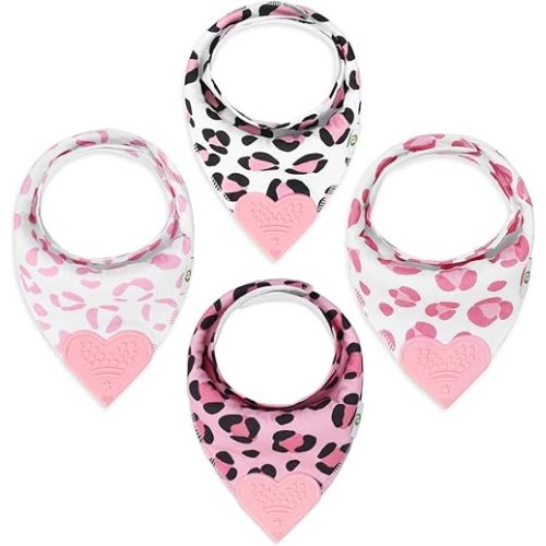 Pickle & Olive - Baby Bandana Girl Teething Bibs with Attached Silicone Teether - Set of 4 -Leopard