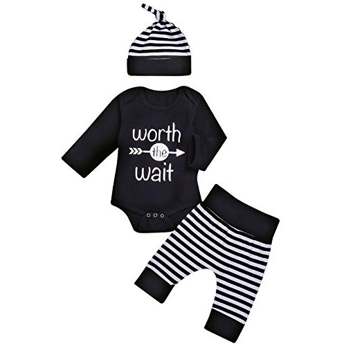 Besokuse Baby Unisex Worth The Wait Arrow Printed Romper Striped Pant Hat Outfit Clothes