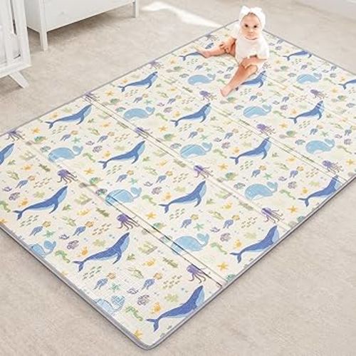 Reversible Baby Floor Mat (71x59x0.4in) -Foldable, Lightweight Foam Playmat for Babies & Toddlers - Waterproof, Easy Cleaning & Storage - Ideal for Indoor/Outdoor Play & Travel (Marine World)