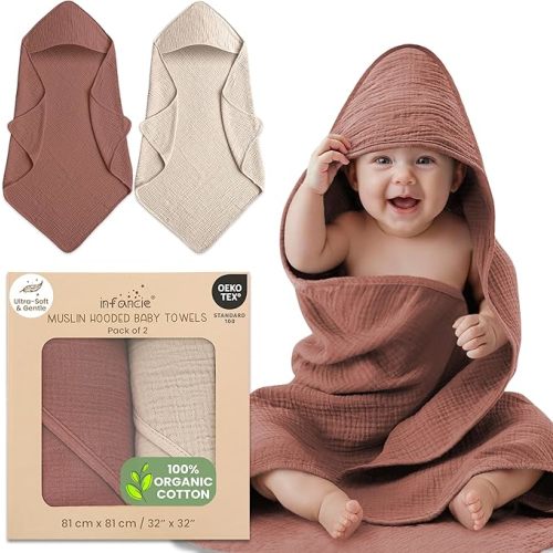 100% Organic Cotton Muslin Hooded Baby Towels 2 Pack 81 X 81 CM Baby Bath Towel Soft Breathable Lightweight Quick Dry Gentle On Baby Skin for Newborns and Infants