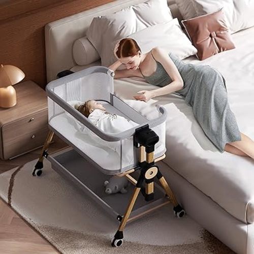 kingobabys Baby Bassinet,Bedside Bassinet for Baby, Rocking Bassinet with Storage Basket and Wheels, Adjustable 6 Heights and All Mesh Sides,Portable Baby Bassinets Bedside Sleeper for Newborn Infant