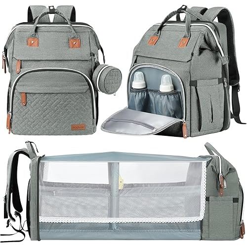 DERJUNSTAR Baby Diaper Bag Backpack, Diaper Changing Station, Baby Bags for Boys Girls, USB Charging Port,Pacifier Case, Sunshade and Toy Bar, Ash Grey