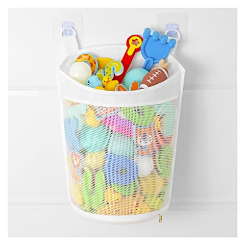 Large Capacity Baby Mesh Bath Toy Organizer, Multiple Ways to Hang, Extra Large Opening Bathroom Toy Storage, Bottom Zipper Bathtub Toy Storage Bag, Baby Shower Games bath Tub Accessory (White)
