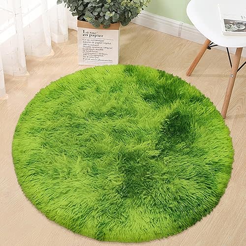 3 ft Small Green Grass Round Rugs for Bedroom,Tie Dyed Green Circle Rug Fluffy Fuzzy Round Carpet Shag for Boys Bedroom Girls Room Kids Playroom Nursery Room Decor Aesthetic