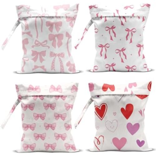 Wet Bag, 4Pcs Wet Dry Bag Set, Reusable Waterproof Bags with Heart & Bow Prints for Women, Suitable for Beach Trips, Pool Activities, Travel & Daily Organizing