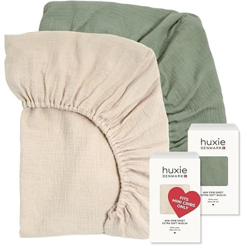 24 x 38 Mini Crib Sheets - Organic Cotton Muslin Fitted Crib Sheet Fitted for Pack and Play - Ultra-Soft and Breathable Crib Sheets for Boys and Girls (Fog/Roman Green)