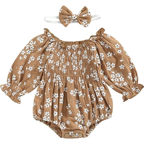 2pcs Infant Baby Girls Romper Dress Headband Long Sleeve Clothing Flowers Newborn Boho Girl Outfit Jumpsuit Clothes