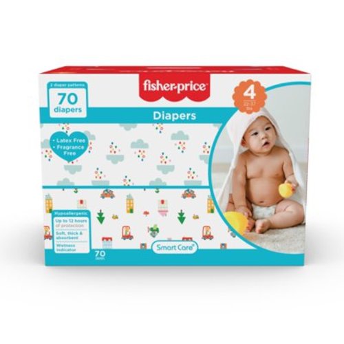 Fisher-Price Hypoallergenic and Latex-Free Diapers for Infants, Size 4, 70 Count