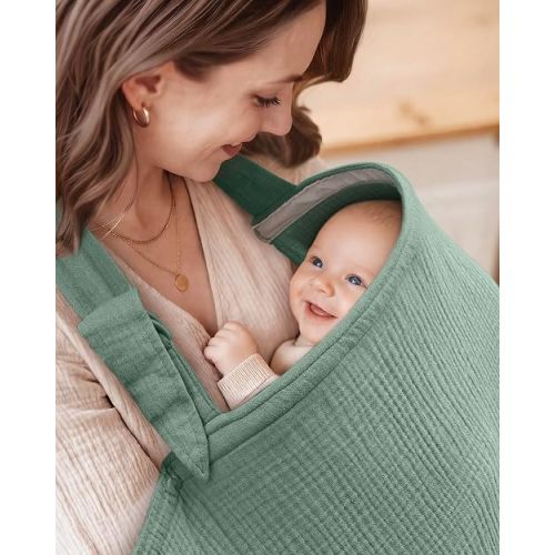 Blissful Diary Muslin Nursing Cover for Breastfeeding, Breathable Breastfeeding Cover up with Arch Neckline for Women, Nursing Apron (Roman Green)