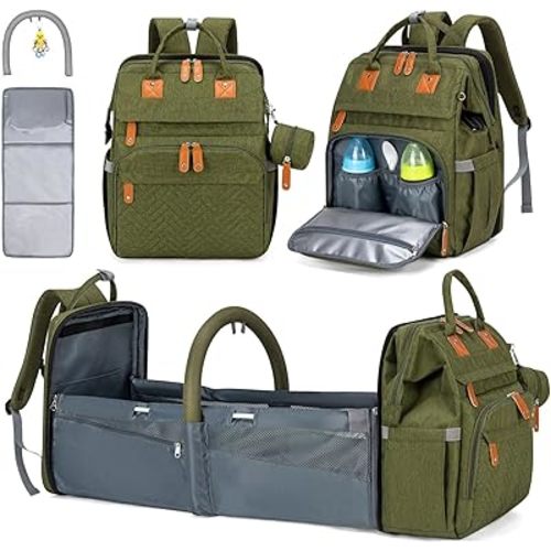 KABAQOO Diaper Bag Backpack, Large Baby Diaper Bags for Boys Girls, Baby Bag with USB Charging Port, Multifunction Waterproof Travel Back Pack for Moms Dads, Army Green