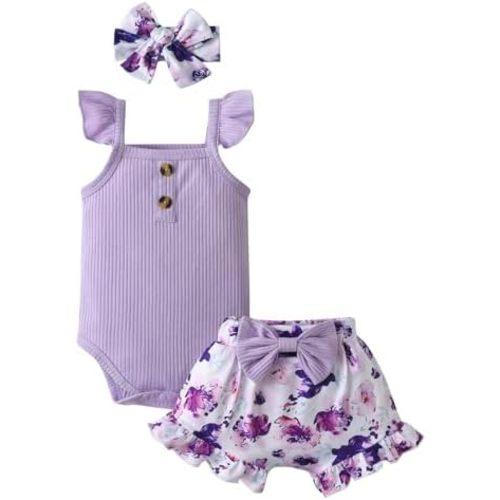 Infant Baby Girl Clothes Summer Ruffle Sleeve Romper Floral Shorts Headband 3Pcs Outfits Set