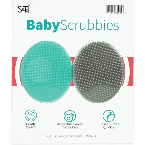 S&T INC. Exfoliating and Massaging Cradle Cap Bath Brushes for Baby, Silicone - 2 Inch x 2.5 Inch, Grey and Teal, 2 Pack