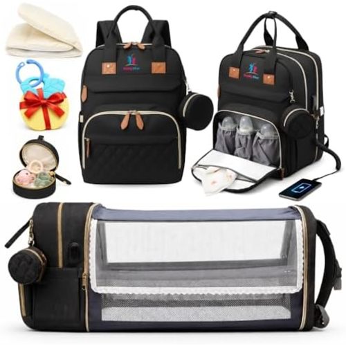 Buddy Bear Baby Diaper Bag Backpack with Changing Station, USB Charging Port, Waterproof Large Capacity Diaper Backpack with Organizer Pockets for Mom & Dad, Black