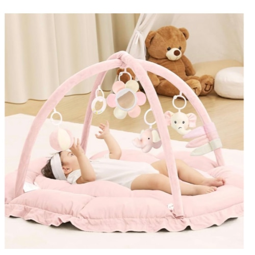 ANGELBLISS 5 in 1 Baby Play Gym Mat, Reversible Tummy Time Mat with 5 Sensory Toys for Stage-Based Developmental, Thick & Large Baby Activity Center from Newborn to Toddler (Pink)
