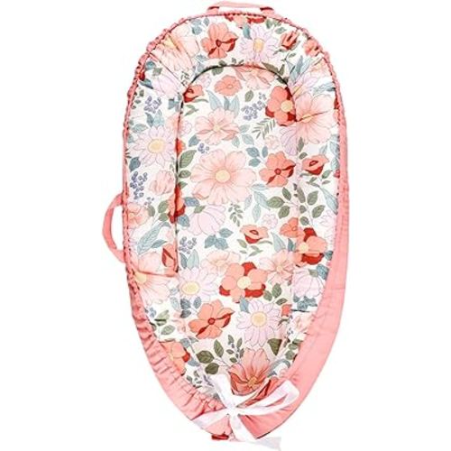 Baby Lounger Cover Girls, Cotton Newborn Nest Cover, Infant Lounger Replaceable Cover, Soft & Breathable, Reversible & Adjustable, Flower(Cover Only)