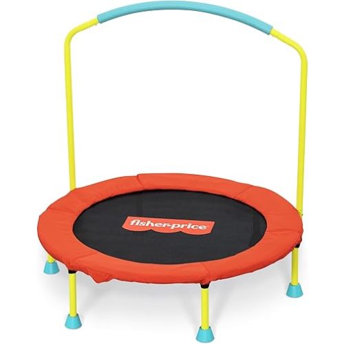 Fisher-Price 36-Inch Mini Trampoline, WonderJump Round Indoor Kids Trampoline with Stabilizing Handlebar, Multicolor