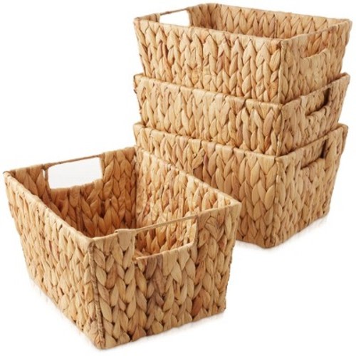 Casafield Set of 4 Water Hyacinth Storage Baskets with Handles, 12" x 9" x 6" Rectangular Storage Bins for Shelves, Blankets, Laundry Organization, Color: Natural - hyacinth