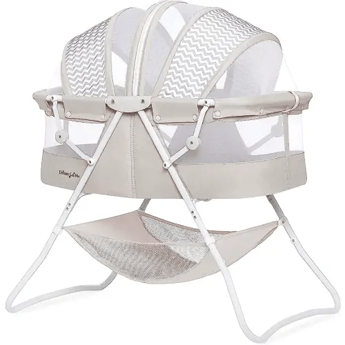 Karley Bassinet in Grey, Lightweight Portable Baby Bassinet, Quick Fold and Easy to Carry , Adjustable Double Canopy, Indoor and Outdoor Bassinet with Large Storage Basket.