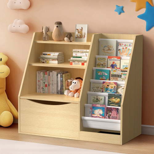 Masiis 4 Tier Teenager Bookshelf, Teenager Bookcase Teenager Bookshelves Natural Toy Storage Organizer with 6 Layer Sling Bookcase for Playroom Teenager Room, Flip-Top Drawers