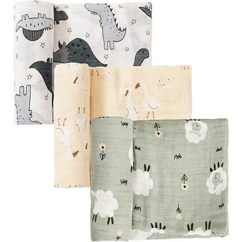 Plain Weave Cotton Fabric Swaddle Blankets, 3-Pack Breathable Soft Wrapping Blanket, 43.3×43.3 inch Swaddle Blanket, Essential Baby Bath Supplies, Baby Baptism Gift (Animal)