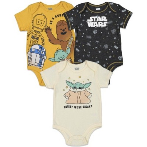 Star Wars Yoda R2-D2 Chewbacca Newborn Baby Boys 3 Pack Bodysuits White/Gray/Yellow 0-3 Months