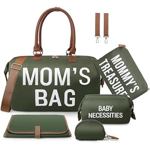 printe 6pcs Large Diaper Bag Tote with Changing Pad & 2 Organized Pouches, Mom's Bag for Hospital with Pacifier Case, Straps, Stroller Hook, Baby Diaper Bag for Weekender Travel, Olive Green