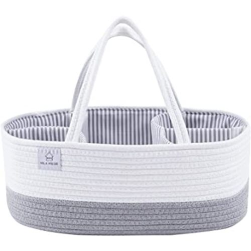 Mila Millie Baby Extra Large Cotton Rope Diaper Caddy | Organizer Storage Bin for Nursery Essentials | Portable Bag for Changing Table and Car | 100% Natural Cotton | Eco friendly (White & Gray)