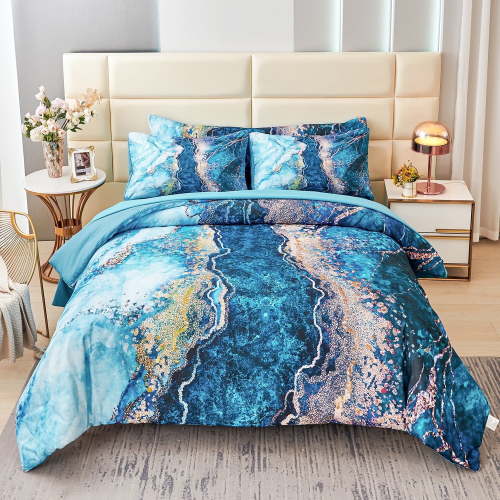 PERFEMET Teal Watercolor Marble Comforter Set 6 Pcs Queen Comforter with Sheets Set Bed in a Bag Bedding Set for Boys Women Men 100% Microfiber Quilt (Teal, Queen)