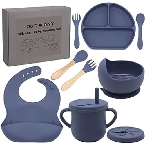 100% Silicone Baby Feeding Set,BPA Free Baby Dishes Set with Suction Bowl Divided Plate,Toddler Self Feeding Dish Set with Spoons Forks Sippy Cup and Bib, Baby Eating Utensils (Navy Blue)