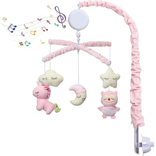 Baby Crib Mobile, Nursery Mobile for Crib with 36 Lullabies Digital Musical Box, 2 Modes, Hanging Toys for Infants 0-6 Months Girls, Pink