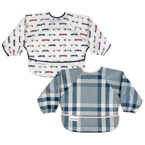 Tiny Twinkle Long Sleeve Bib for Babies & Toddlers | 2-Pack Waterproof Smock Bib for Eating | Machine Washable & Mess-Proof Feeding Essentials | Newborn Shower Gift(Vintage Cars, Gingham, 6-24M)