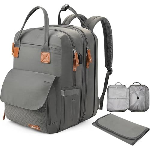16 in 1 Baby Diaper Bag Backpack, Multifunctional Travel Twin Diaper Bag Backpack with Portable Changing Pad and USB Charging Port- Ideal for Baby Gift (Large 35L Capacity/2X Space) Gray