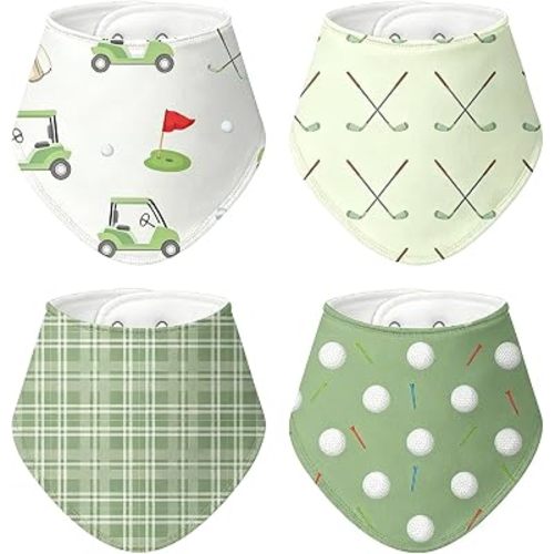 4 Pcs Golf Baby Bibs for Boys Girls Baby Golf Stuff Cotton Bandanas Adjustable Absorbent Triangle Bibs for Drooling and Teething Vintage Sports Nursery Items Infant Essentials Newborn Gifts