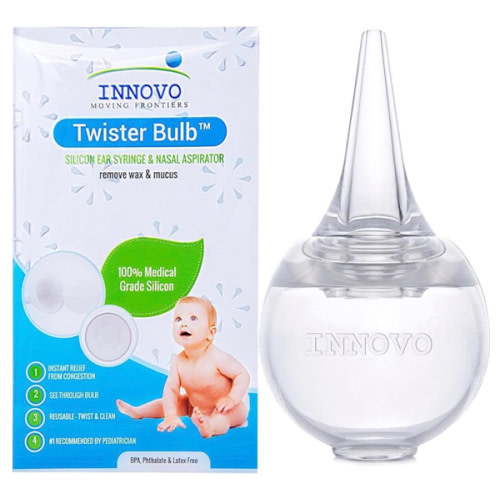 Innovo FSA/HSA Eligible Hospital Grade Silicone Twister Bulb Baby Ear Syringe and Nasal Aspirator, Sucks Snot and Mucus, Cleanable and Reusable, Clear