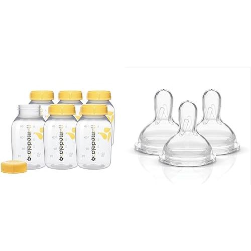 Medela Breast Milk Collection and Storage Bottles, 6 Pack, 5 Ounce Breastmilk Container & Slow Flow Spare Nipples with Wide Base, 3 Pack, Compatible Storage Bottles