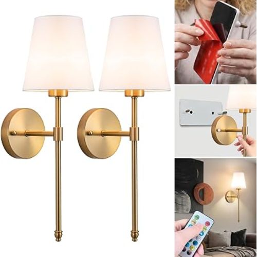 Peel and Stick Wall Sconces, Stick On Wall Sconce Set of 2, Battery Operated Wireless Wall Light, No Drill Adhesive Wall Lamp, Corn Bulb with 10000mAh Rechargeable Battery, Bedroom Wall Decor