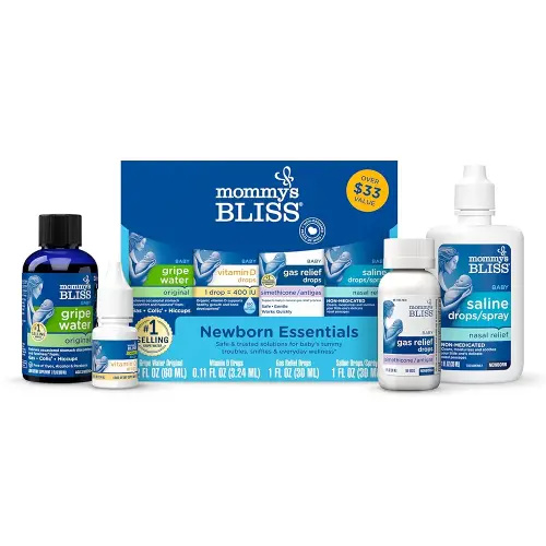 Mommy's Bliss 4-Piece Newborn and Baby Essentials Kit - With Gripe Water, Gas Relief Drops, Vitamin D 400IU, and Saline Drops/Spray - The Perfect Baby Gift.