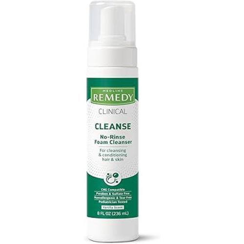 Medline Remedy Clinical No-Rinse Foam Cleanser, Vanilla Scent (8 fl oz), No Rinse Shampoo and Body Cleanser for Sensitive Skin, Hydrating, Paraben and Sulfate Free, For Face, Body, and Hair, All Ages