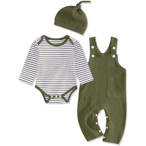 Baby Boy Clothes Stripe Pattern Print Romper Top and Baby Overalls with Hat 0-18 Months Baby Boy Outfits